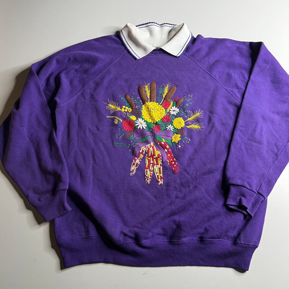Vintage Morning Sun Purple Harvest Sweatshirt Indian Corn Floral Double Collar